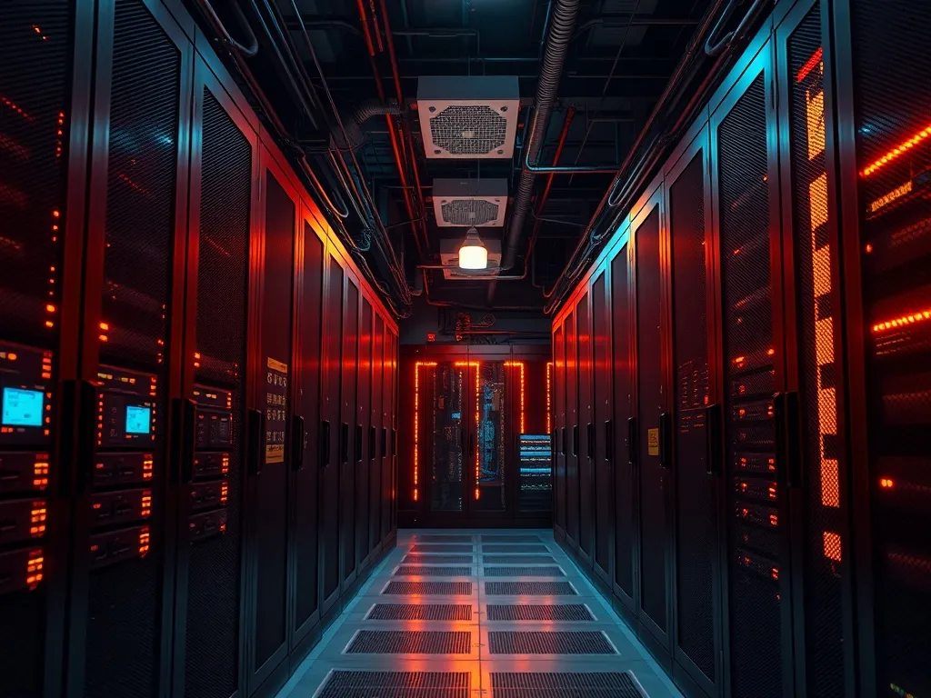 Industrial server room with warm amber lighting, technical h